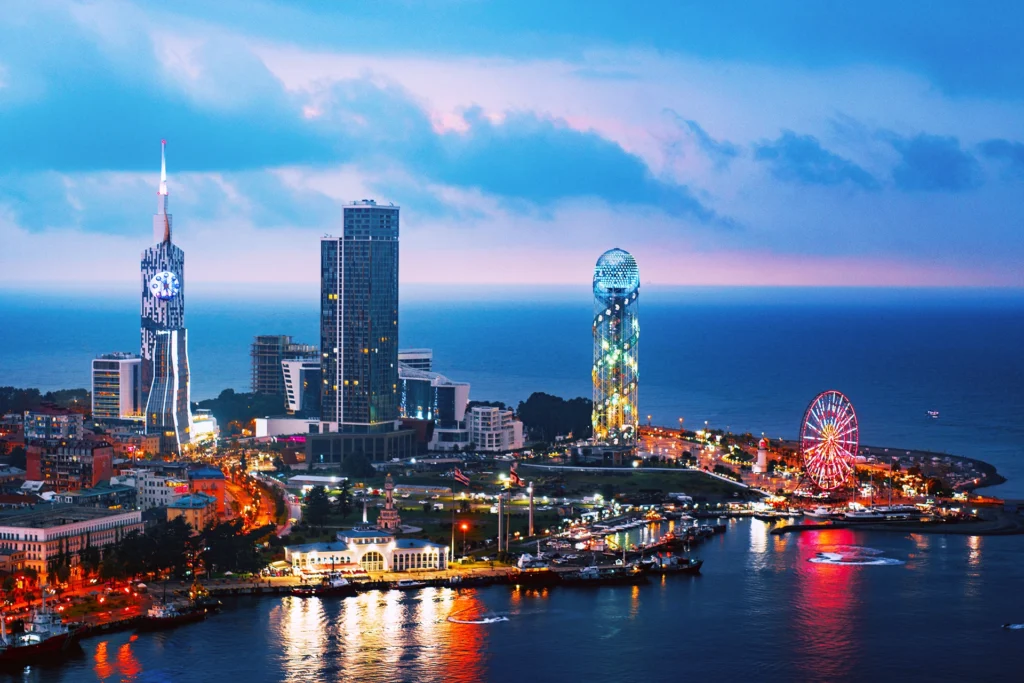 A view of the city of Batumi in Georgia with modern architecture and the Black Sea coast